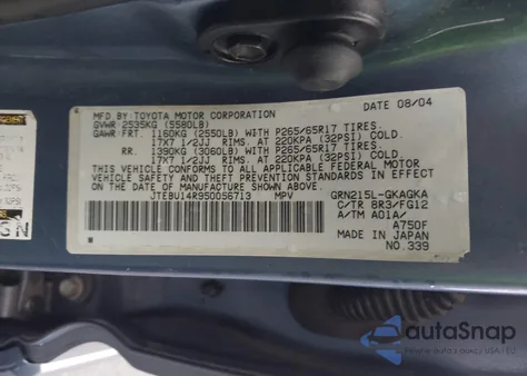 2005 Toyota 4Runner Sr5 V6 from USA, damaged, VIN JTEBU14R950056713